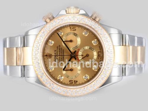 Rolex Daytona Chronograph Swiss Valjoux 7750 Movement Two Tone with Diamond Bezel-Golden Dial 15095