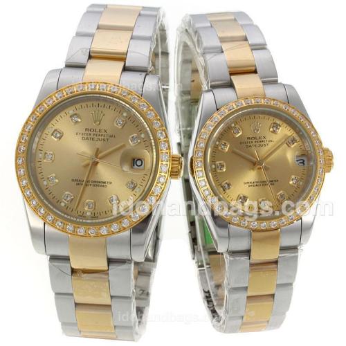 Rolex Datejust Automatic Two Tone Diamond Bezel Diamond Markers with Golden Dial-Sapphire Glass-Couple Watch 130434