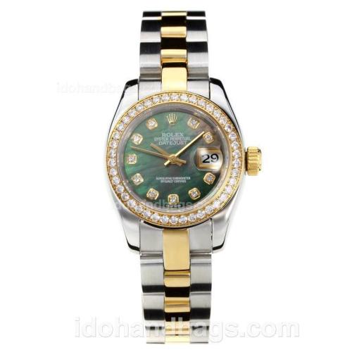 Rolex Datejust Automatic Two Tone Diamond Bezel with Dark Green MOP Dial-Same Chassis as ETA Version 176366