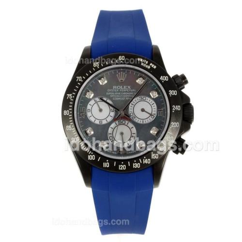 Rolex Daytona Chronograph Swiss Valjoux 7750 Movement PVD Case Diamond Markers with MOP Dial-Blue Rubber Strap 130478