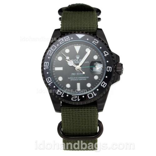 Rolex GMT-Master II Automatic Ceramic Bezel PVD Case with Black Dial-Green Cloth Strap 197216