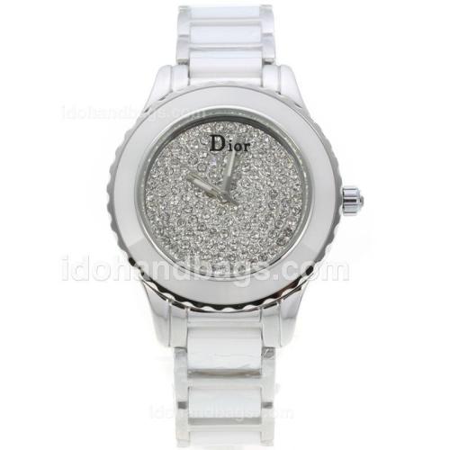 Dior Christal Ladies Watch Stainless Steel/White Ceramic Two Tone with Diamond Dial 135956