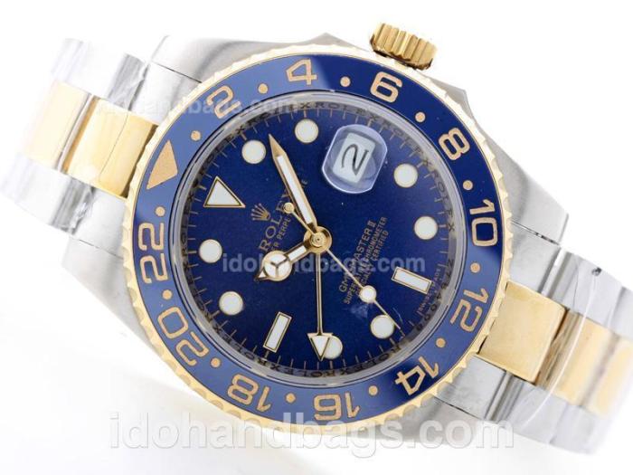Rolex GMT Automatic 18K Gold Plated Two Tone with Blue Dial-Blue Ceramic Bezel 35052