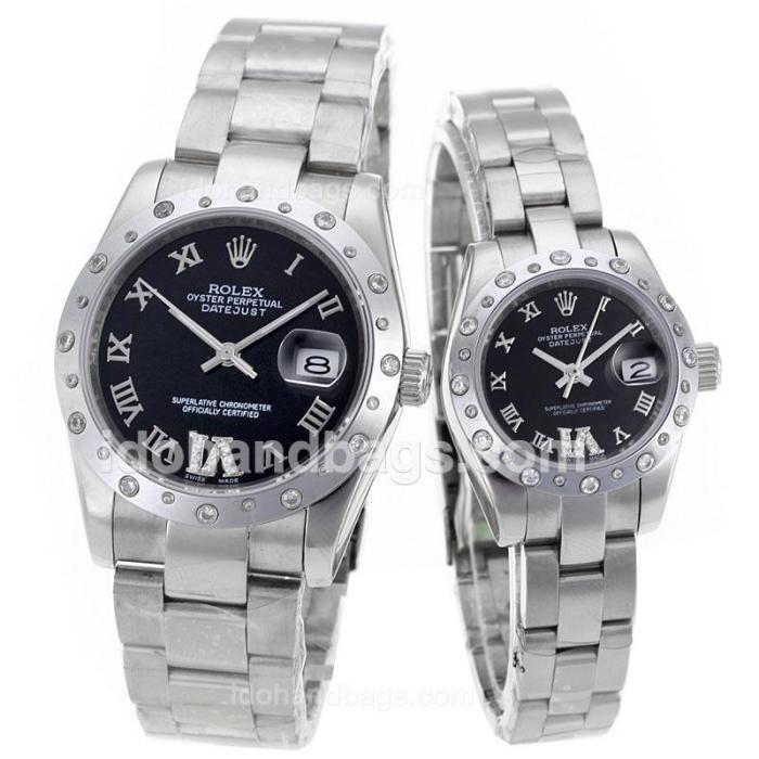 Rolex Datejust Automatic Diamond Bezel Roman Markers with Black Dial S/S-Sapphire Glass 90228