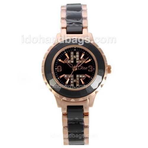Dior Crystal Collection Rose Gold/Ceramic Two Tone with Black Dial 135422