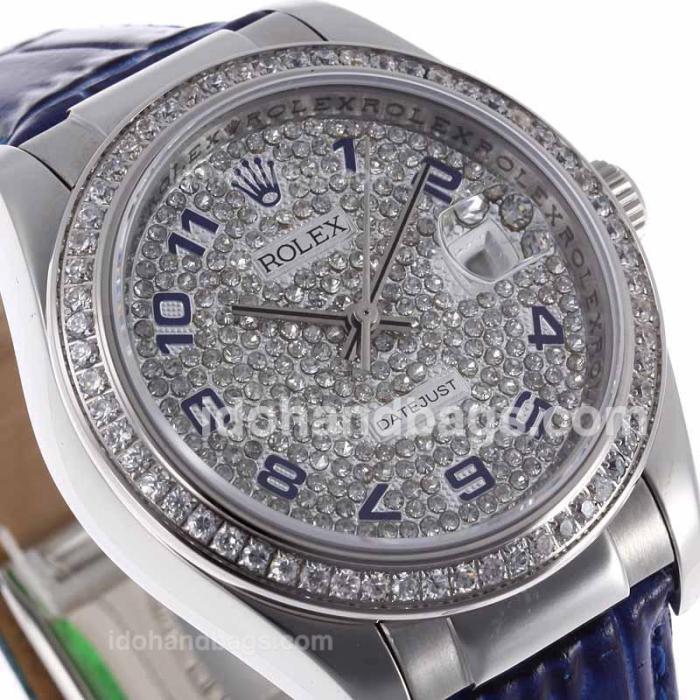 Rolex Datejust Automatic Number Markers with Diamond Bezel and Dial-Blue Leather Strap 51512