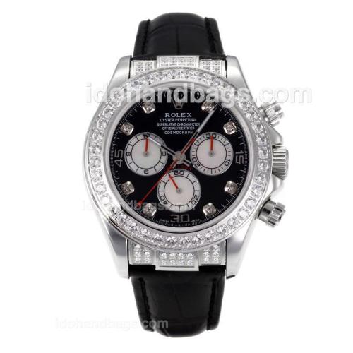 Rolex Daytona Swiss Valjoux 7750 Movement Diamond Bezel with Black Dial-Black Leather Strap-Sapphire Glass 172278