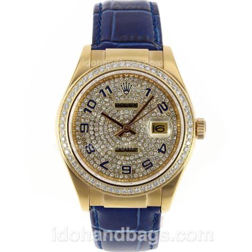 Rolex Datejust Automatic Gold Case Number Markers with Diamond Bezel and Dial-Blue Leather Strap 52770