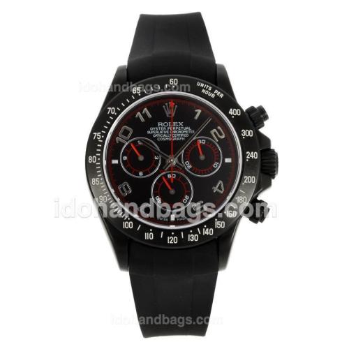 Rolex Daytona Chronograph Swiss Valjoux 7750 Movement PVD Case Number Markers with Black Dial-Black Rubber Strap 130466