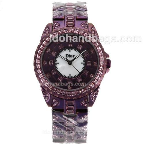 Dior Austria Crystal Ladies Watch Full coated purple color with Diamond Bezel and Dial 90548