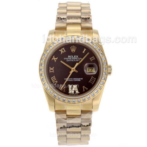 Rolex Datejust Automatic Full Gold Diamond Bezel Roman Markers with Brown Dial-Sapphire Glass 56198