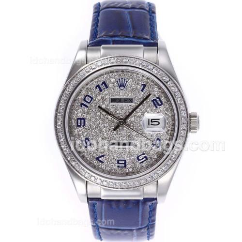 Rolex Datejust Automatic Number Markers with Diamond Bezel and Dial-Blue Leather Strap 51512