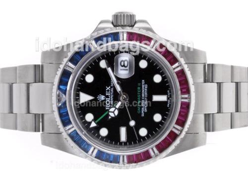 Rolex GMT-Master II Swiss ETA 2836 Movement Red/Blue CZ Diamond Bezel with Black Dial 47671