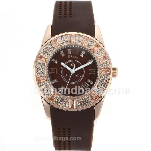 Dior Classic Rose Gold Case Diamond Bezel with Brown Dial-Rubber Strap 80099