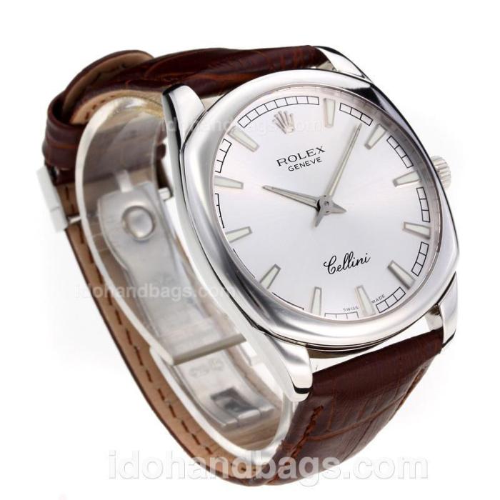 Rolex Cellini Luminous Swiss ETA Movement with Silver Dial-Leather Strap-Sapphire Glass 194522
