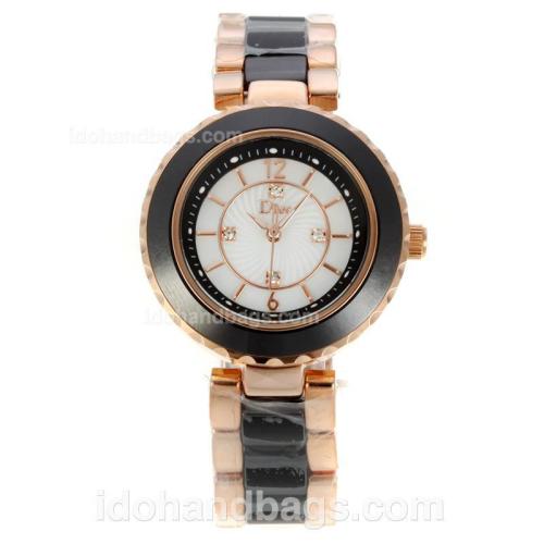 Dior Christal Ladies Watch Rose Gold/Black Ceramic Two Tone with White Dial 136954