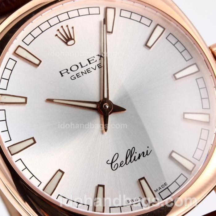 Rolex Cellini Luminous Swiss ETA Movement Rose Gold Case with Silver Dial-Leather Strap-Sapphire Glass 194504