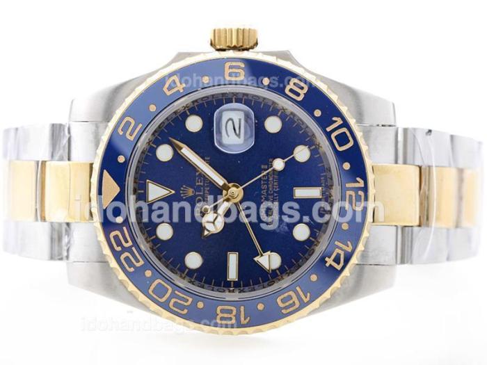 Rolex GMT Automatic 18K Gold Plated Two Tone with Blue Dial-Blue Ceramic Bezel 35052