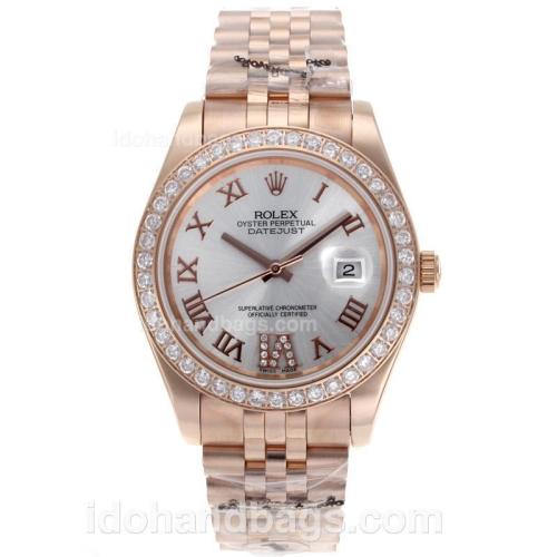Rolex Datejust II Automatic Full Rose Gold Diamond Bezel Roman Markers with Silver Dial-Sapphire Glass 56197