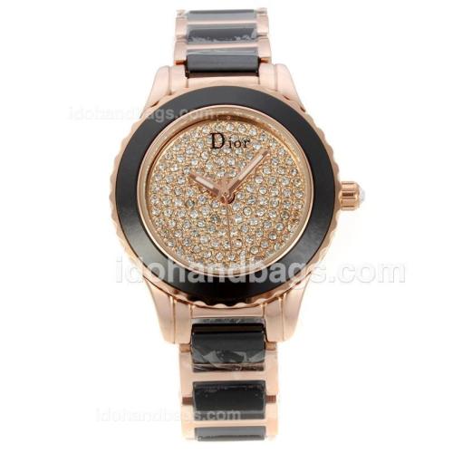 Dior Christal Ladies Watch Rose Gold/Black Ceramic Two Tone with Diamond Dial 136956