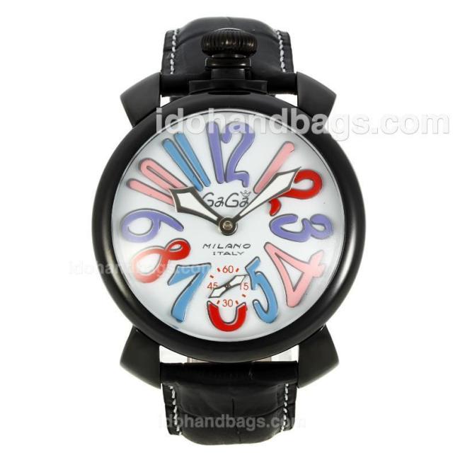 Gaga Milano Unitas 6497 Movement PVD Case Multicolor Number Markers with White Dial-Leather Strap 126758