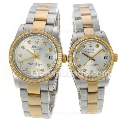 Rolex Datejust Automatic Two Tone Diamond Bezel Diamond Markers with Silver Dial-Sapphire Glass-Couple Watch 130432