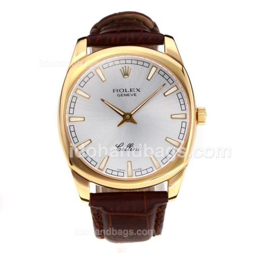 Rolex Cellini Luminous Swiss ETA Movement Yellow Gold Case with Silver Dial-Leather Strap-Sapphire Glass 194518