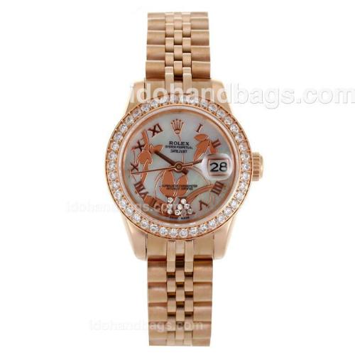 Rolex Datejust Automatic Full Rose Gold Diamond Bezel Roman Markers with Black White MOP Dial-Flowers Illustration 116720