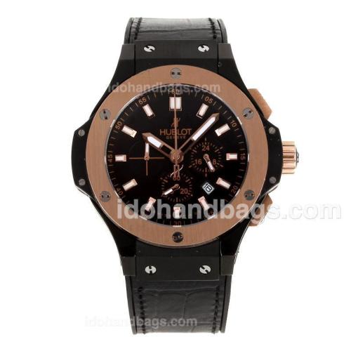 Hublot Big Bang Working Chronograph PVD Case Rose Gold Bezel Stick Markers with Black Dial-Rubber Strap 99306