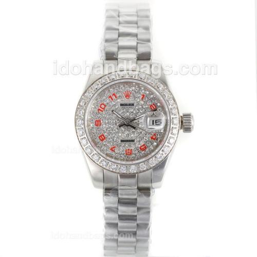 Rolex Datejust Automatic Diamond Bezel and Dial with Red Number Markers S/S-Sapphire Glass 100328