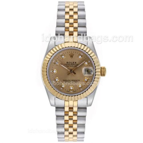 Rolex Datejust Automatic Two Tone Diamond Markers with Golden Dial-Mid Size 64205