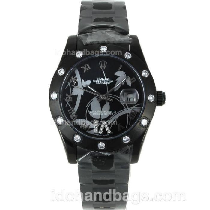 Rolex Datejust II Automatic Full PVD Diamond Bezel Roman Markers with Black Dial-Flowers Illustration 111616