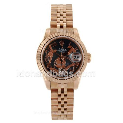Rolex Datejust Automatic Full Rose Gold Roman Markers with Black Dial-Flowers Illustration 116718