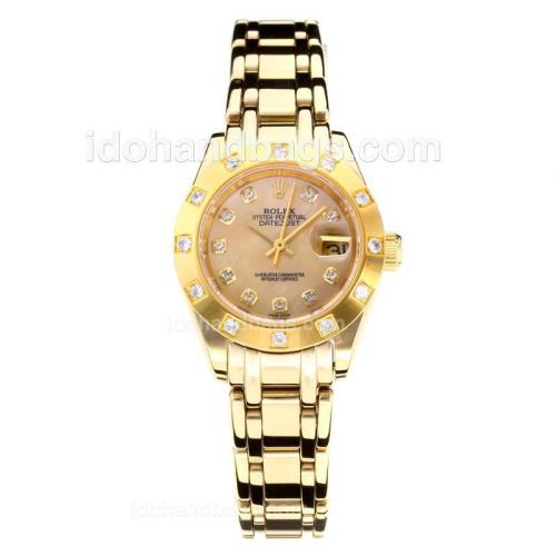 Rolex Masterpiece Automatic Full Gold Diamond Bezel with Apricot MOP Dial-Same Chassis as ETA Version 177138