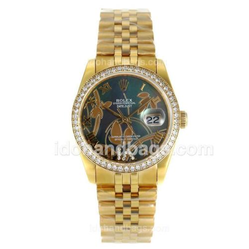 Rolex Datejust Automatic Full Gold Diamond Bezel Roman Markers with MOP Dial-Flowers Illustration 115610