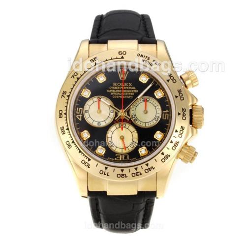 Rolex Daytona Swiss Valjoux 7750 Movement Yellow Gold Case with Black Dial-Leather Strap-Sapphire Glass 175288