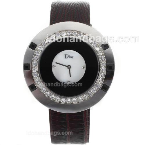 Dior Classic Diamond Bezel with White Dial-Leather Strap 80053