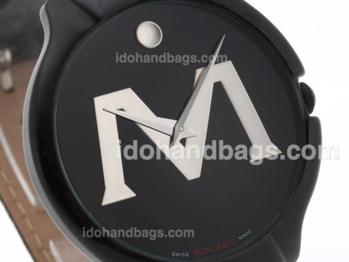Movado Classic PVD Case with Black Dial-Leather Strap 39316