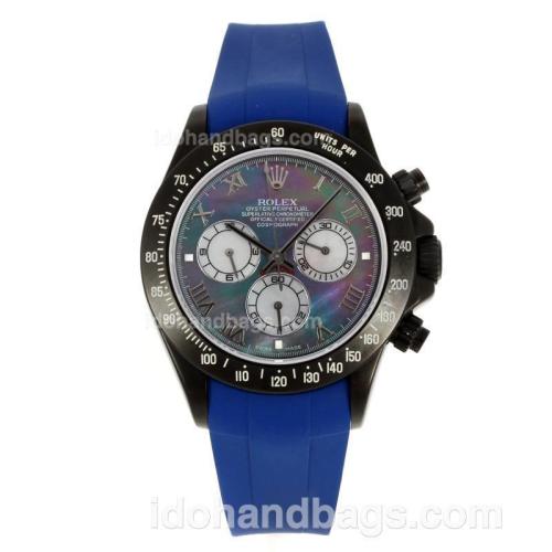 Rolex Daytona Chronograph Swiss Valjoux 7750 Movement PVD Case Roman Markers with MOP Dial-Blue Rubber Strap 130476
