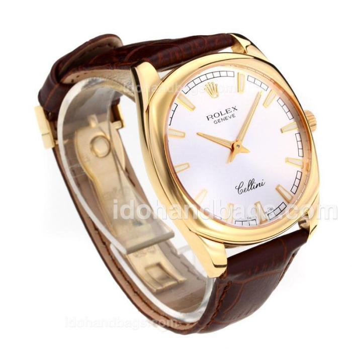 Rolex Cellini Luminous Swiss ETA Movement Yellow Gold Case with Silver Dial-Leather Strap-Sapphire Glass 194518
