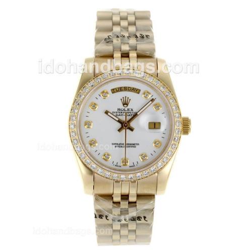 Rolex Day-Date Automatic Full Gold Diamond Bezel and Markers with White Dial-Sapphire Glass 116668