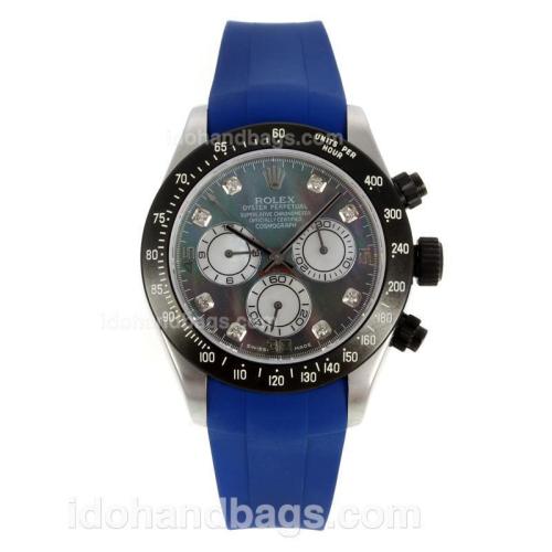 Rolex Daytona Chronograph Swiss Valjoux 7750 Movement PVD Bezel Diamond Markers with MOP Dial-Blue Rubber Strap 130480