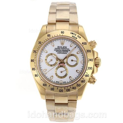 Rolex Daytona II Chronograph Swiss Valjoux 7750 Movement Full Gold Stick Markers with White Dial 90230