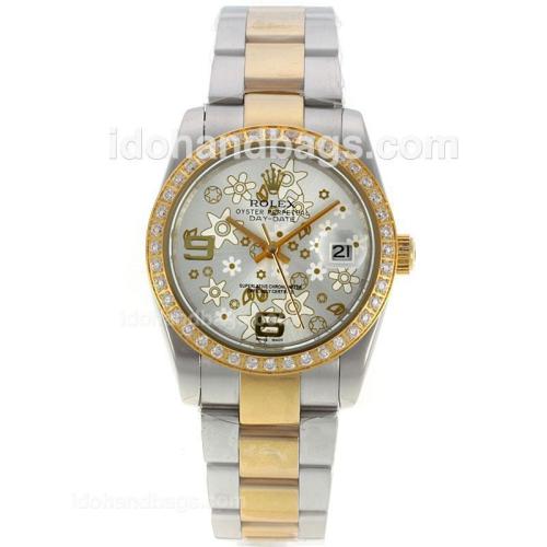 Rolex Datejust Automatic Two Tone Diamond Bezel with Silver Floral Motif Dial-Sapphire Glass 130446