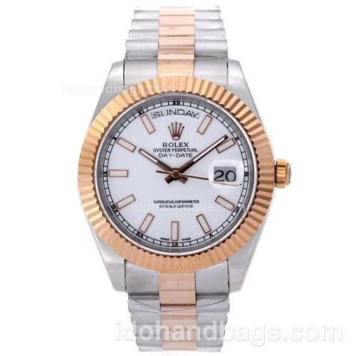 Rolex Day-Date II Swiss ETA 2836 Movement Two Tone Stick Markers with White Dial 61162
