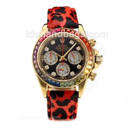 Rolex Daytona Working Chronograph Diamond Bezel Gold Case with Black Dial-Red Leopard Print Leather Strap 184322