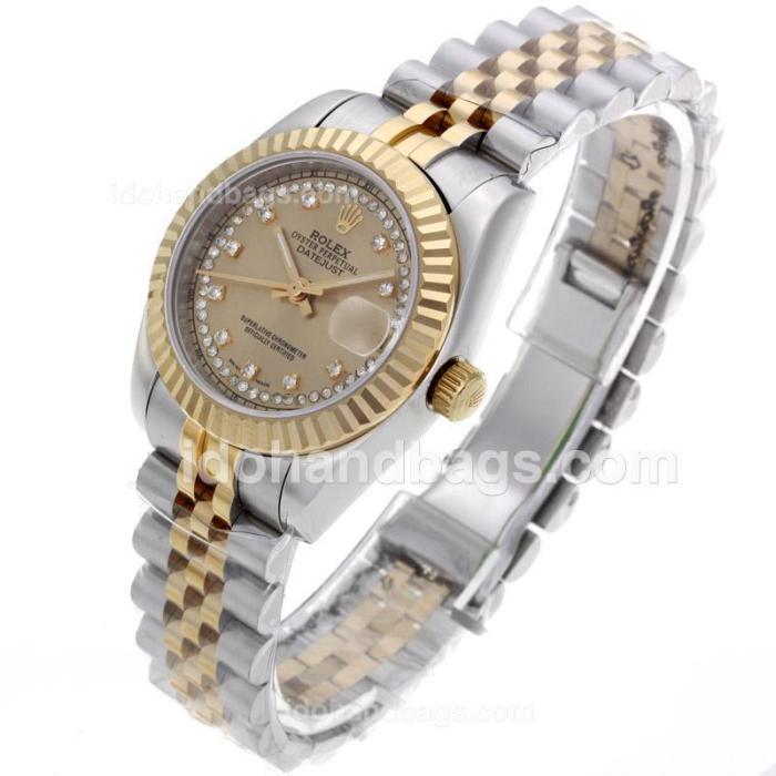 Rolex Datejust Automatic Two Tone Diamond Markers with Golden Dial-Mid Size 64213