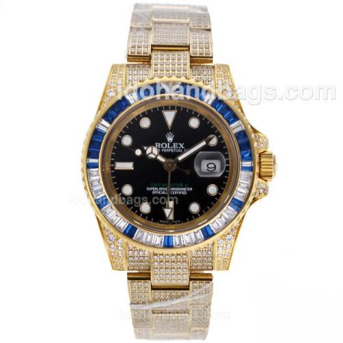 Rolex GMT-Master II Swiss ETA 2836 Movement Full Gold Blue/White CZ Diamond Bezel with Full Diamond Strap 68201