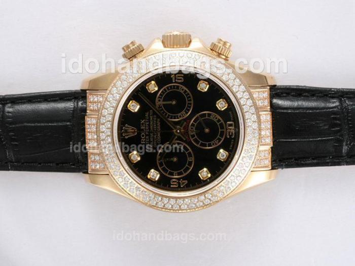Rolex Daytona Chronograph Swiss Valjoux 7750 Movement Gold Case with Diamond Bezel-Black Dial 11576