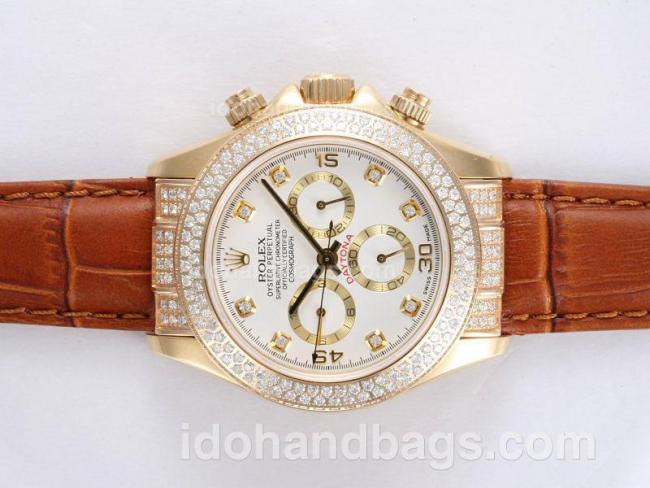 Rolex Daytona Chronograph Swiss Valjoux 7750 Movement Full Gold with Diamond Bezel-White Dial 11578